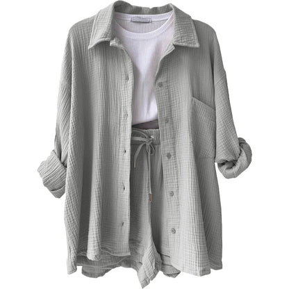 Women's Summer Shorts Set - White Casual Outfit with Long Shirt - Buy Center US