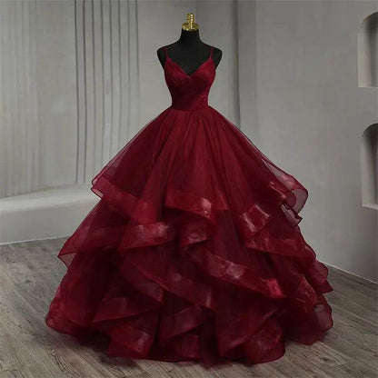 Dark Red Spaghetti Strap V-Neck Quinceanera Dress - Boho Ball Gown - Buy Center US