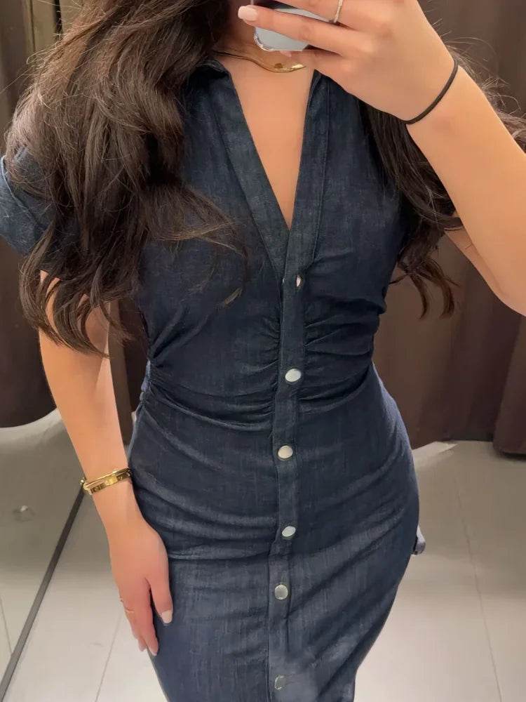 Beainmmry Elegant Denim Dress - Short Sleeve, Slim Fit for Women - Buy Center US