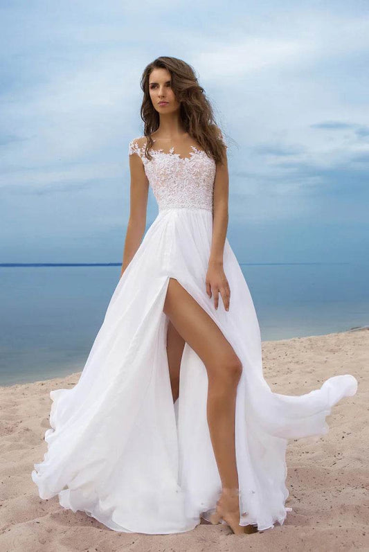 Elegant White Chiffon Dress - V-Neck Split Style for Bridesmaids - Buy Center US