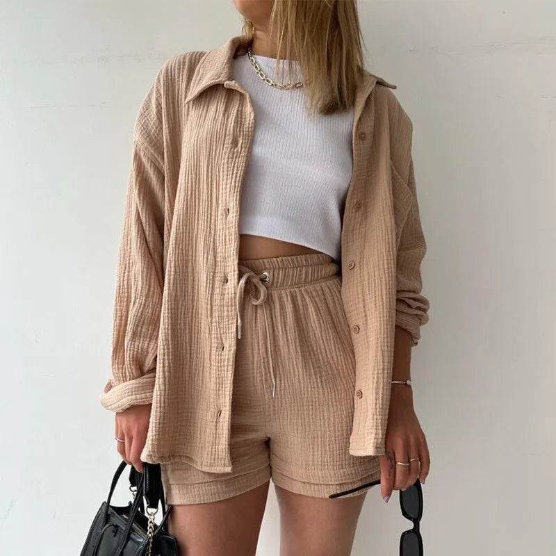 Women's Summer Shorts Set - White Casual Outfit with Long Shirt - Buy Center US