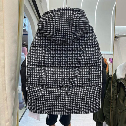 Women's Houndstooth Puffer Jacket - 90% Duck Down, Hooded Warmth - Buy Center US