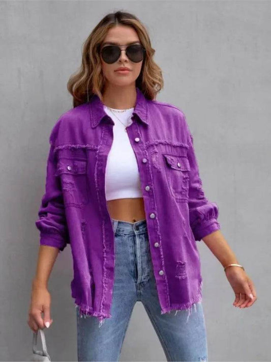 XXOWEN Women's Long Sleeve Denim Jacket - Casual Broken Hole Style - Buy Center US
