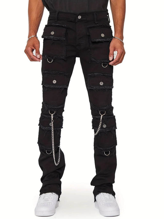 Kalenmos Men's Mid Waist Straight Jeans - Stylish Patchwork Cargo Design - Buy Center US