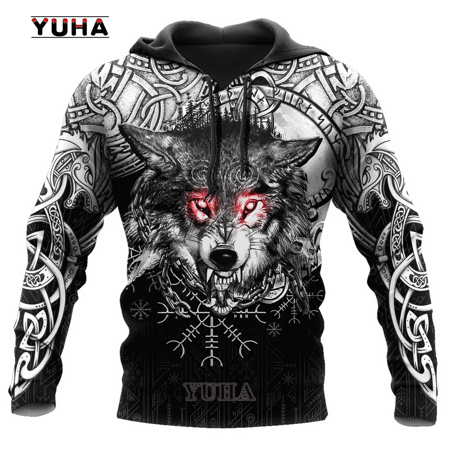Retro Wolf Tattoo Vegvisir Hoodie - Black & White 3D Print for Men - Buy Center US