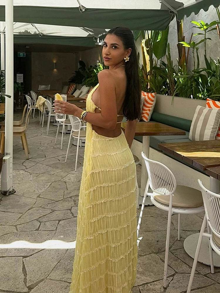 Elegant Pleated Halter Dress - Slim Backless Maxi for Women - Buy Center US