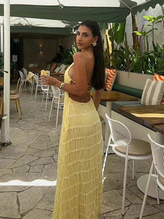 Elegant Pleated Halter Dress - Slim Backless Maxi for Women - Buy Center US