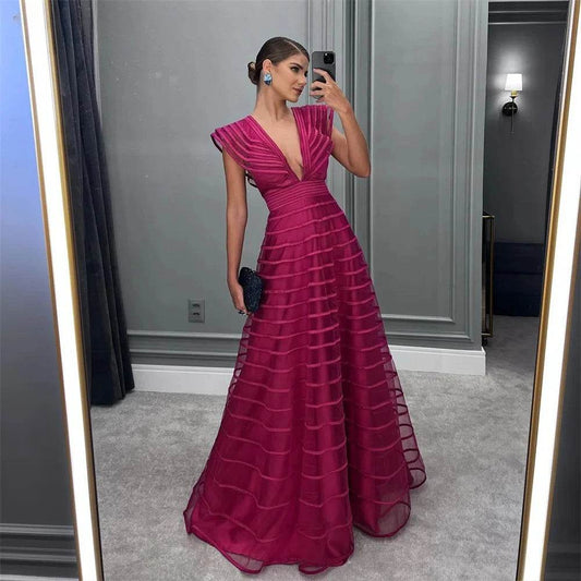 Fuchsia A-Line Formal Dress - Deep V-Neck Sleeveless Gown for Women - Buy Center US