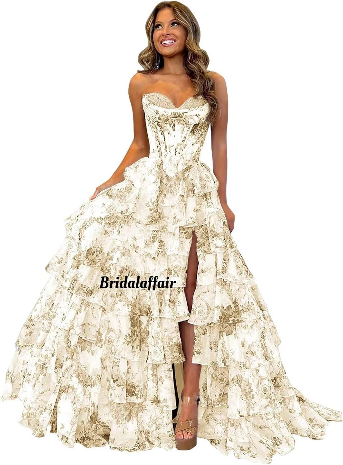 Strapless Floral Tiered Prom Dress - Sweetheart Neckline, A-Line Design - Buy Center US