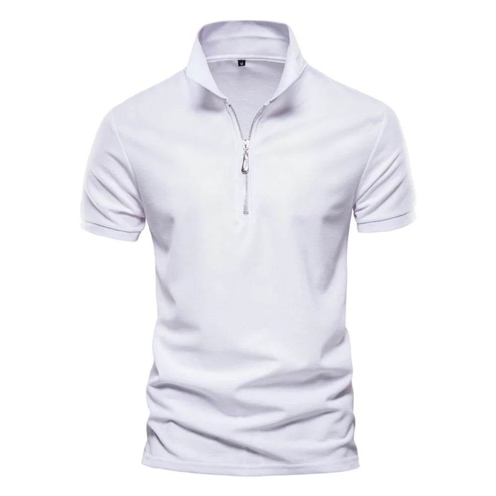 AIOPESON Men's Cotton Polo Shirt - Solid Color with Zipper Detail - Buy Center US