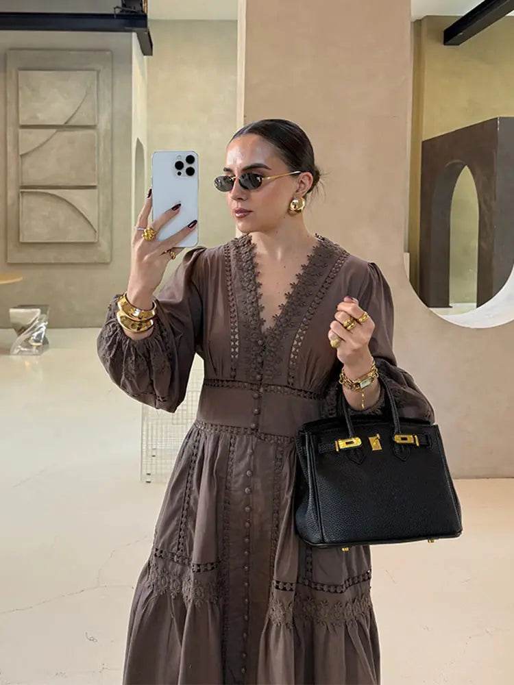 Women’s V-Neck Maxi Dress - Lace Patchwork for Spring/Summer - Buy Center US