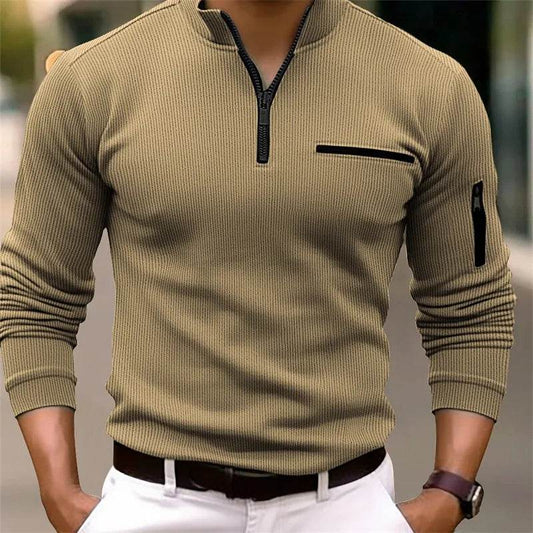Striped Zipper Polo Shirt for Men – Casual Long Sleeve Office & Leisure - Buy Center US
