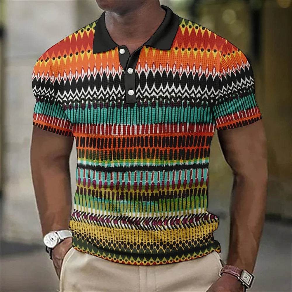 Vintage Men's Casual Polo Shirt - 3D Stripe Print, Loose Fit, Soft Tee - Buy Center US