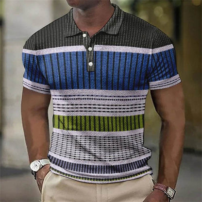 Vintage Men's Casual Polo Shirt - 3D Stripe Print, Loose Fit, Soft Tee - Buy Center US