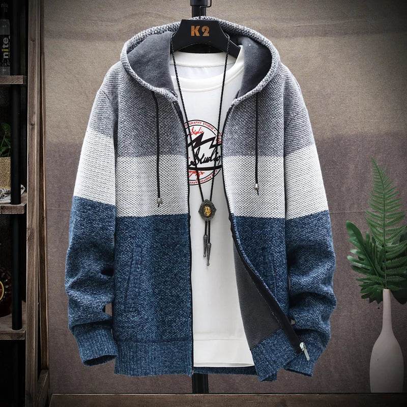 SNOW PINNACLE Men's Thick Velvet Cardigan: Patchwork Zipper Sweatercoat - Buy Center US