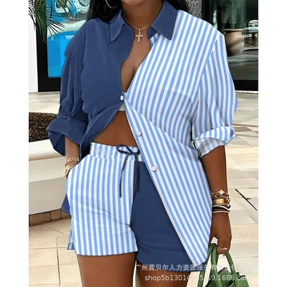 Mandylandy Women's Striped Two Piece Set - Casual Shirt & Shorts - Buy Center US