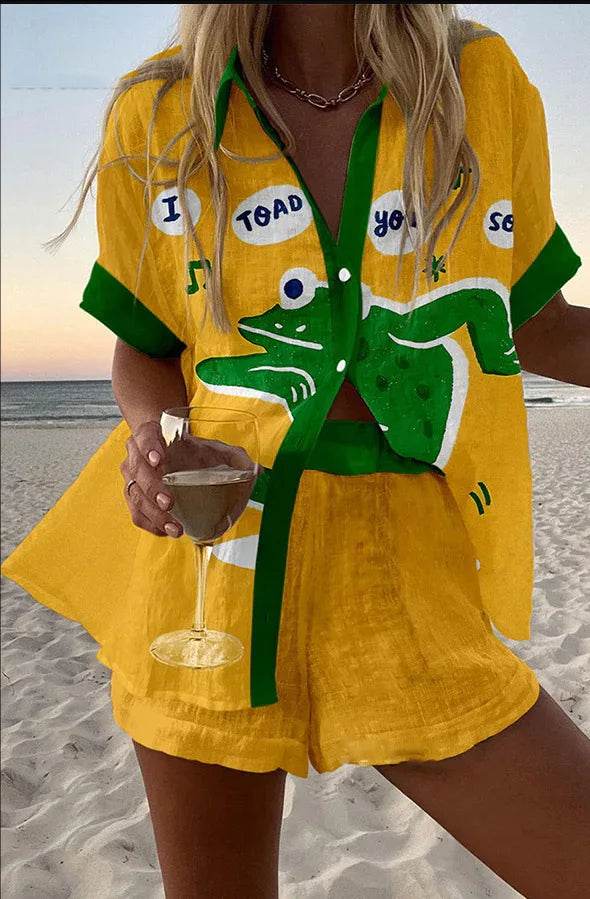 Women's Summer Print 2-Piece Beach Set - Casual Short Sleeve Top - Buy Center US