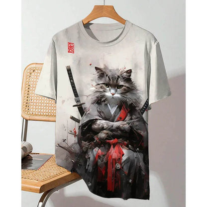Ukiyo-e Sea Wave Cat T-Shirt - 3D Print Japanese Samurai Graphic Tee - Buy Center US