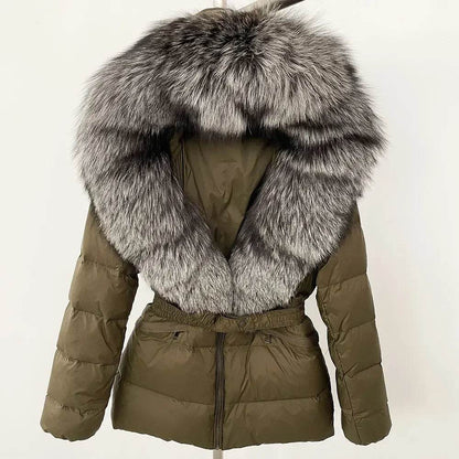 Women's Hooded White Duck Down Coat - Real Raccoon Fur Collar - Buy Center US