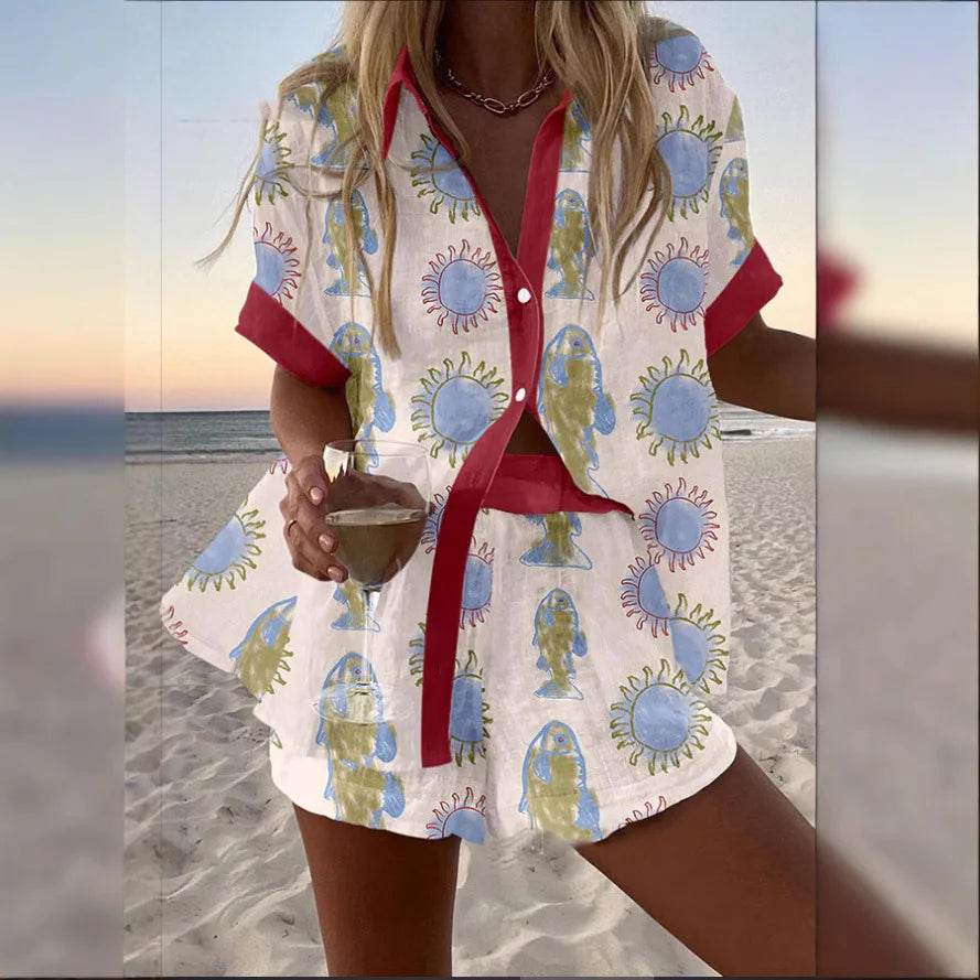 Women's Summer Print 2-Piece Beach Set - Casual Short Sleeve Top - Buy Center US