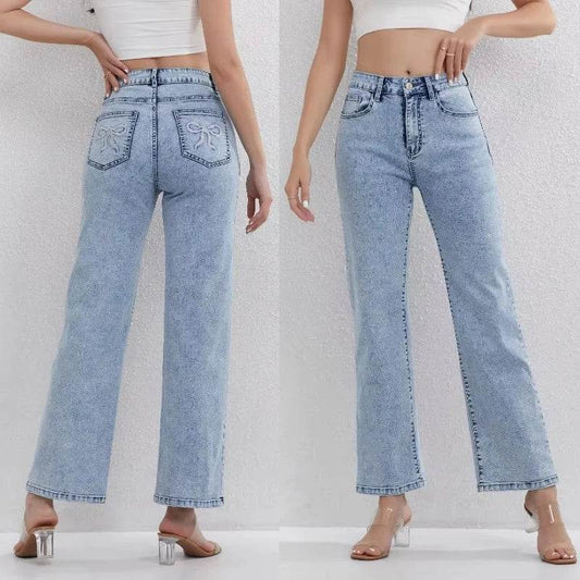 Women's Light Blue High Waisted Denim Jeans - Straight Leg Casual Style - Buy Center US