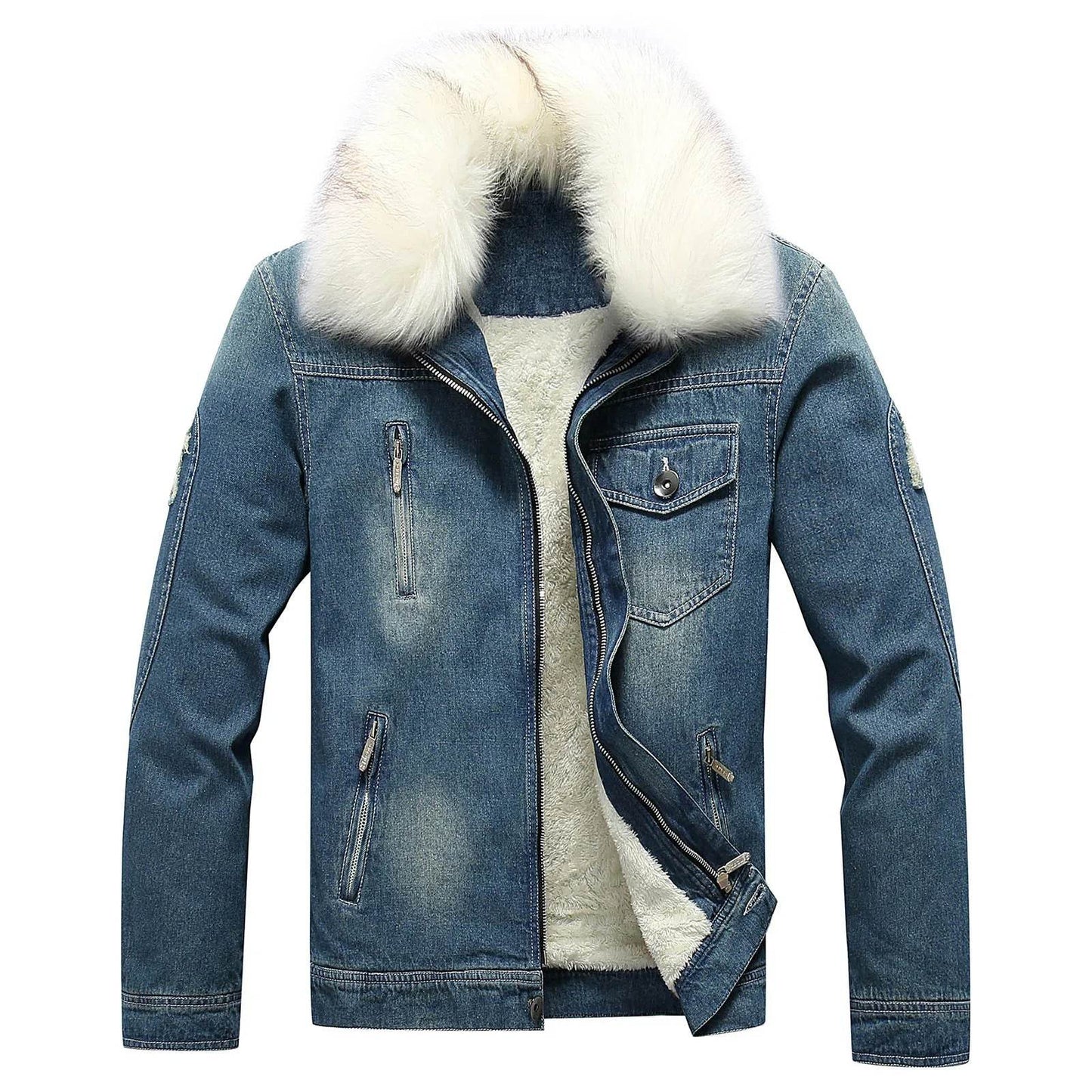 Men's Winter Fleece Lined Fur Collar Jean Jacket - Warm Denim Outerwear - Buy Center US