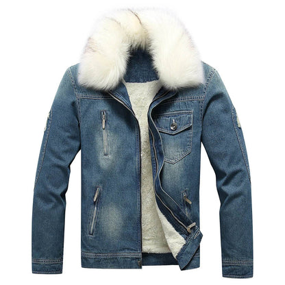 Men's Winter Fleece Lined Fur Collar Jean Jacket - Warm Denim Outerwear - Buy Center US