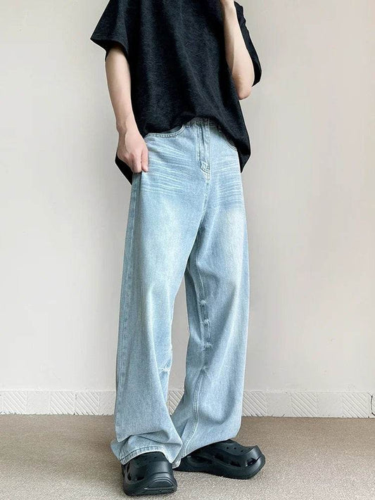 Men's Vintage Blue Jeans - Casual Straight Baggy Denim Trousers - Buy Center US