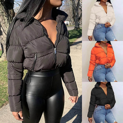 Women's Autumn Winter Stand Collar Padded Cropped Jacket - Zipper - Buy Center US