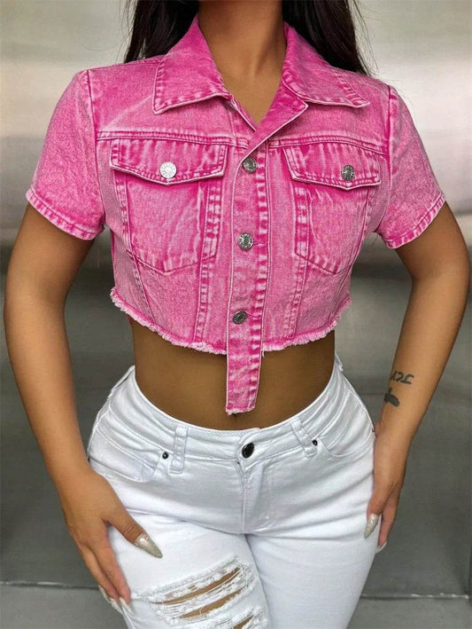 Donsignet Vintage Raw Hem Crop Jean Jacket - Women's Y2K Style - Buy Center US