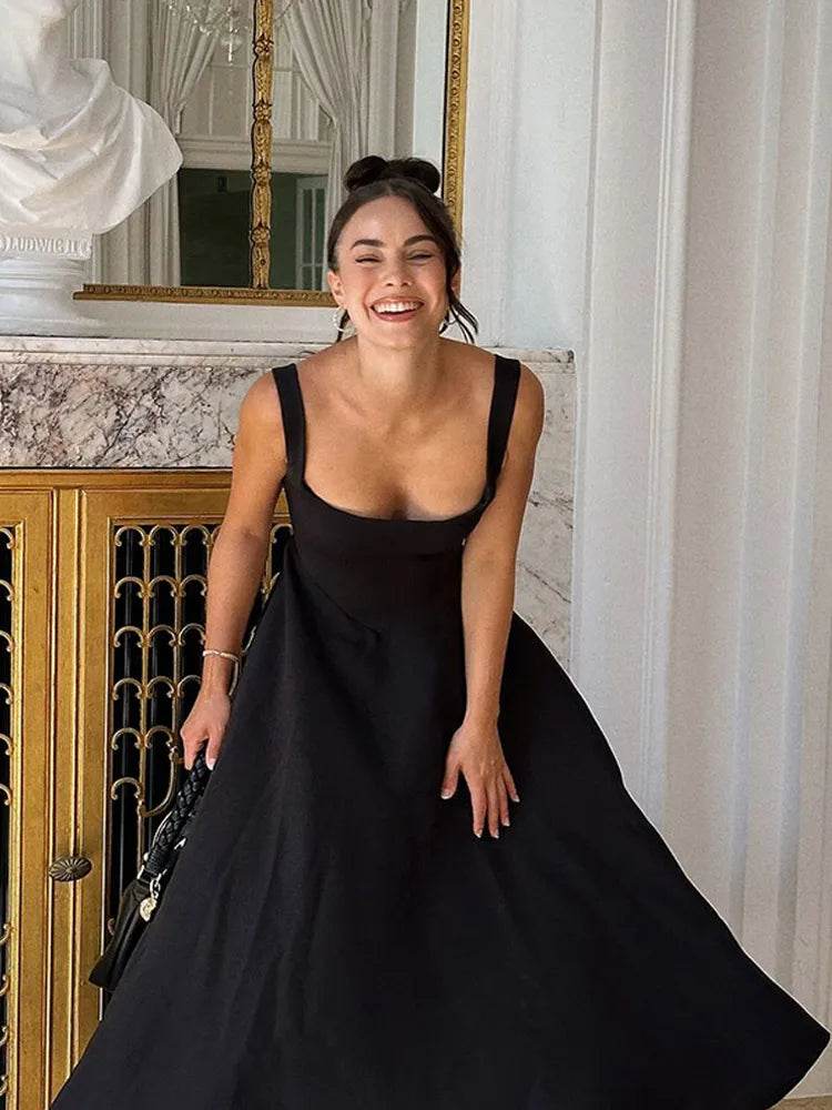 Beainmmry Black A-line Maxi Dress - Elegant Square Neck, Sleeveless - Buy Center US