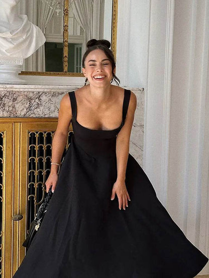 Beainmmry Black A-line Maxi Dress - Elegant Square Neck, Sleeveless - Buy Center US