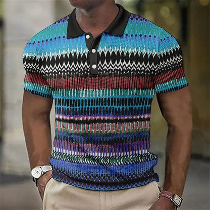 Vintage Men's Casual Polo Shirt - 3D Stripe Print, Loose Fit, Soft Tee - Buy Center US