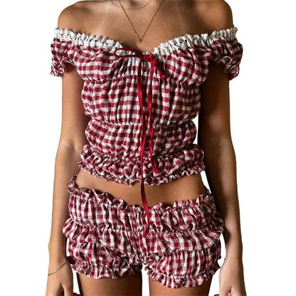 Xingqing Women's Y2K 2-Piece Outfit - Ruched Top & Plaid Shorts - Buy Center US