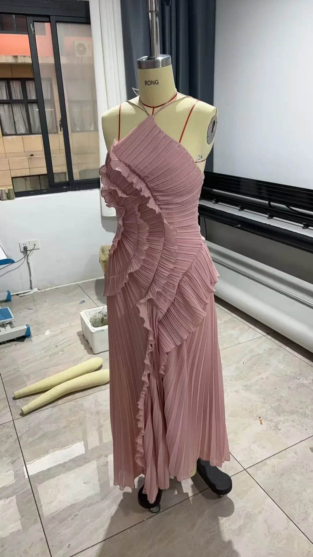 Elegant Backless Evening Gown - Ruffles & Lace Up Detail - Buy Center US