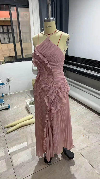 Elegant Backless Evening Gown - Ruffles & Lace Up Detail - Buy Center US
