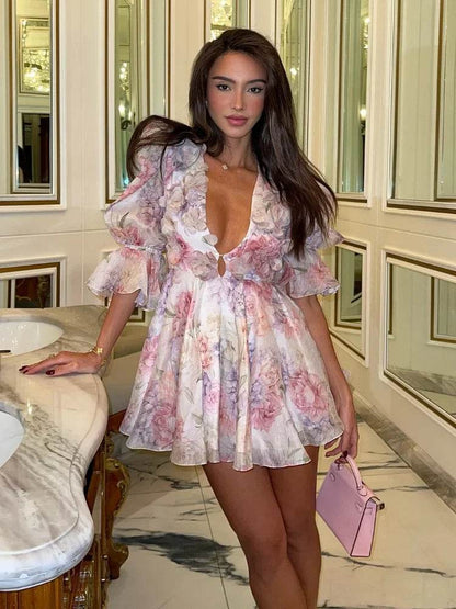 Beainmmry Sexy V-Neck Printed Mini Dress - Flare Sleeve A-Line Style - Buy Center US