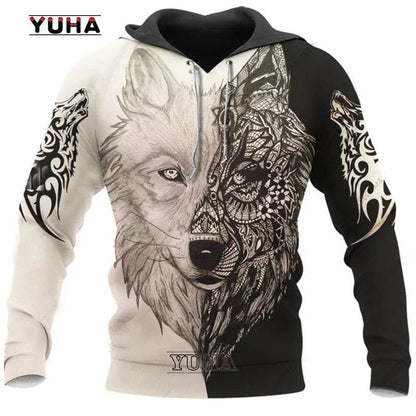 Retro Wolf Tattoo Vegvisir Hoodie - Black & White 3D Print for Men - Buy Center US