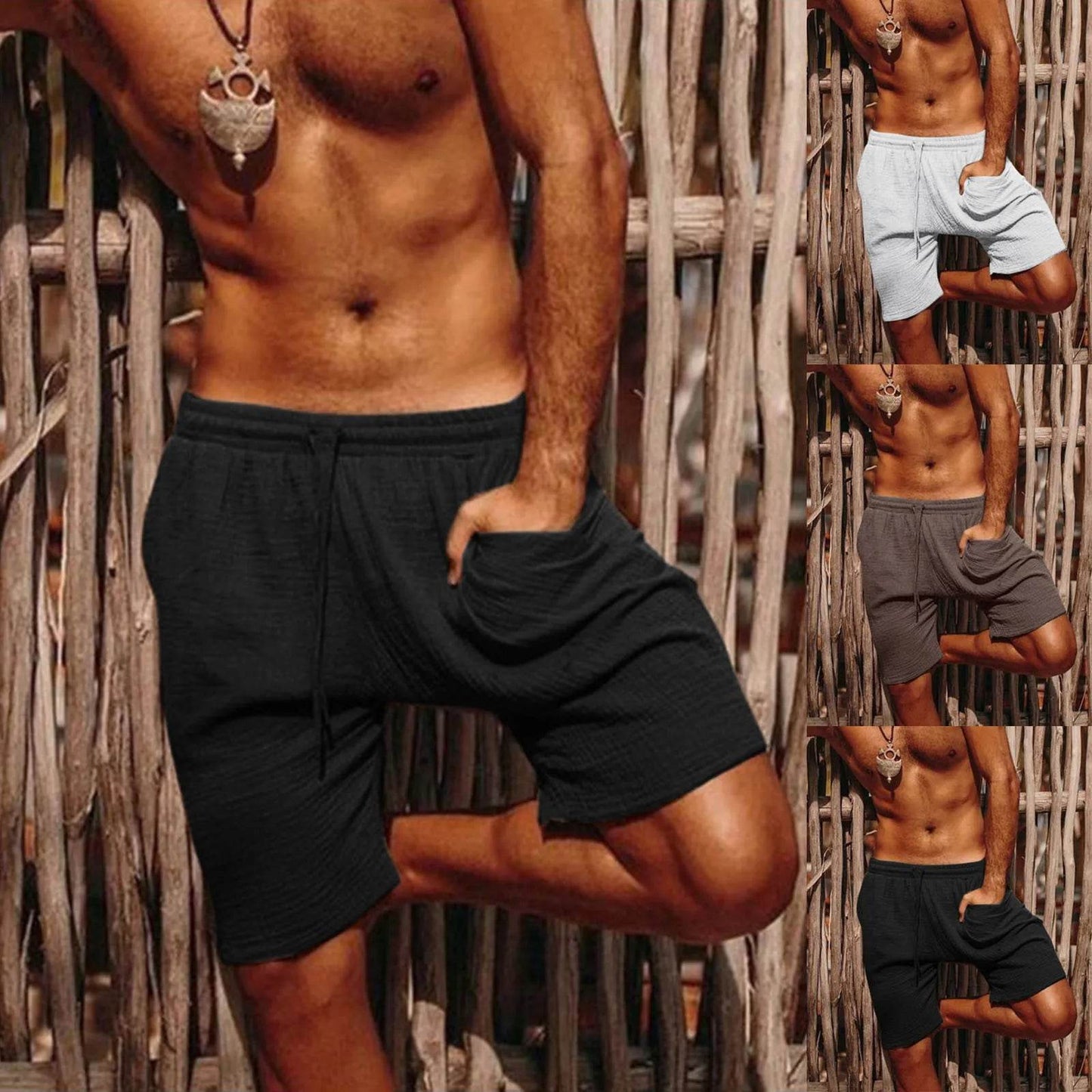 Lightweight Linen Cotton Shorts for Men - Elastic Waist, Solid Color Casual Wear - Buy Center US