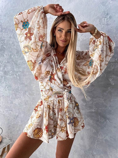 Summer Boho Deep V Neck Set - Casual Lantern Sleeve Top & Shorts - Buy Center US
