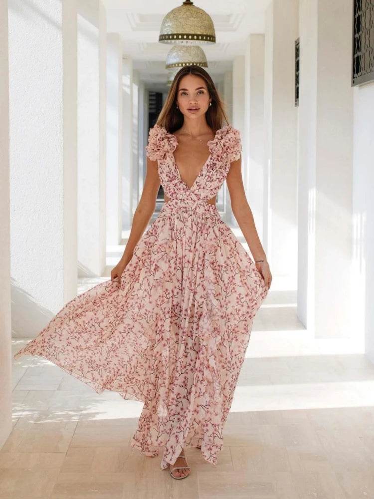 Sexy Pink Floral V Neck Dress - Sleeveless Ruffle Ankle Length - Buy Center US