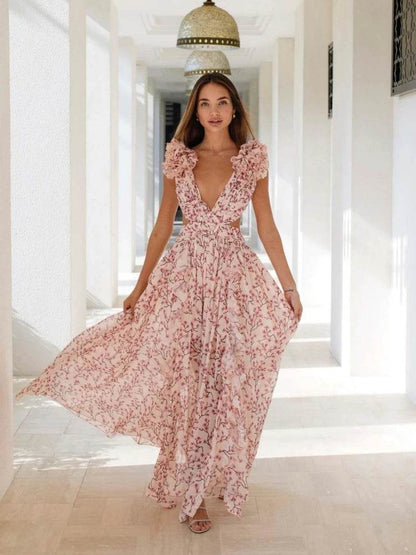 Sexy Pink Floral V Neck Dress - Sleeveless Ruffle Ankle Length - Buy Center US