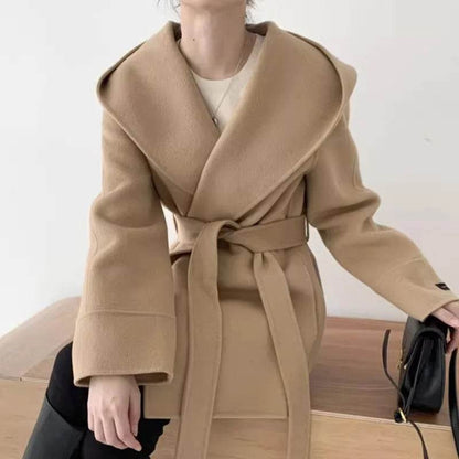 Ladies Hooded Lace Up Woolen Jacket - Elegant Vintage Outerwear - Buy Center US