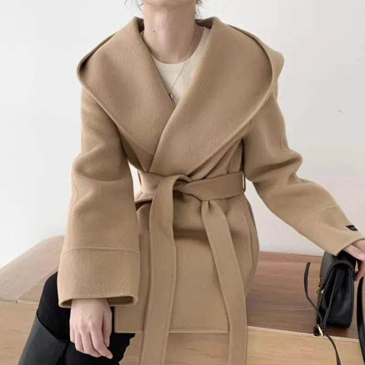Ladies Hooded Lace Up Woolen Jacket - Elegant Vintage Outerwear - Buy Center US