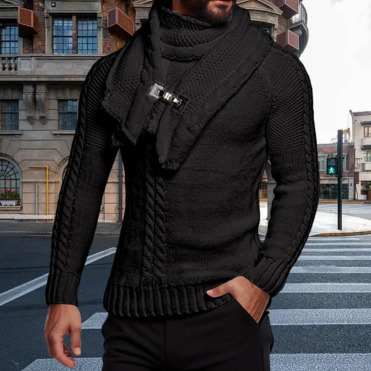 Men's Autumn Winter O-Neck Thermal Sweater & Scarf Set - Casual Layers - Buy Center US
