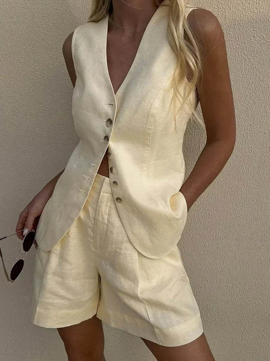 Orinchic Women's Summer Cotton Linen Vest & Shorts Set - Casual Chic - Buy Center US