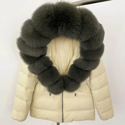Elegant Large Real Fox Fur Coat - 90% Duck Down Puffer Jacket - Buy Center US