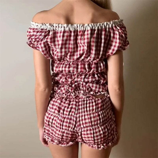 Xingqing Women's Y2K 2-Piece Outfit - Ruched Top & Plaid Shorts - Buy Center US