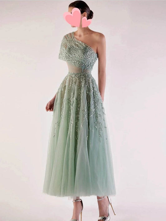 Oisslec One-Shoulder Prom Dress - Elegant Vintage Beaded Gown - Buy Center US