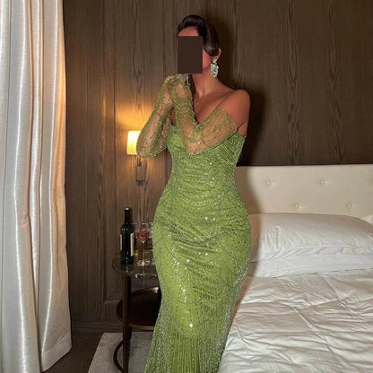 Sharon Said Luxury Mermaid Evening Dress - Green Tulle Gown with Gloves - Buy Center US